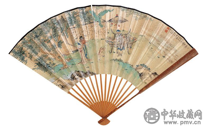 陈士杰 1948年作 货郎图 成扇 设色金笺