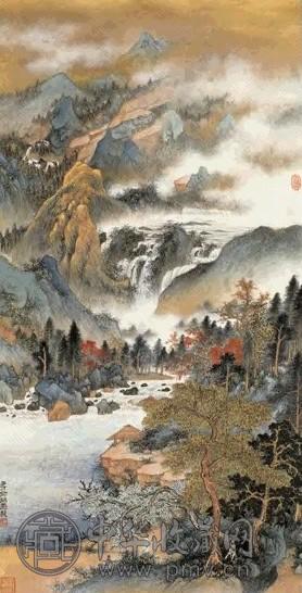 近现代 俞子才 金碧山水 轴