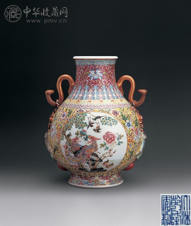 民国 粉彩开光花鸟双耳尊