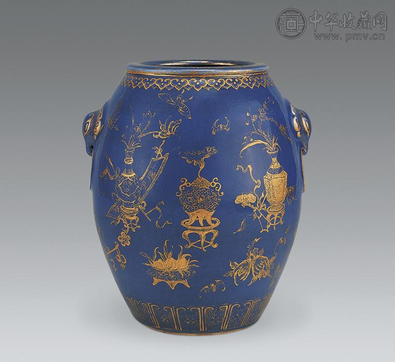 清光绪 蓝釉描金铺首耳尊