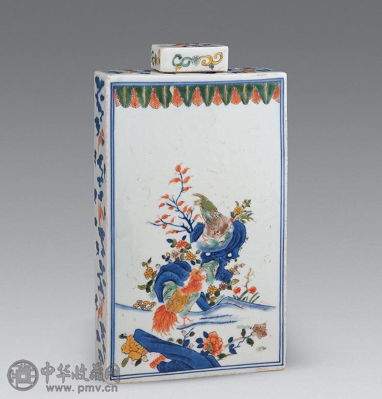 清康熙 青花五彩花鸟茶叶方罐