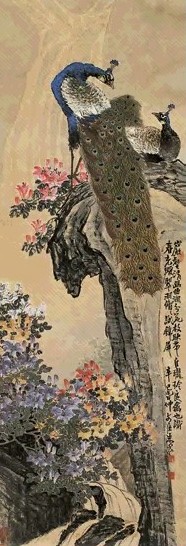 近现代 朱文侯 孔雀 轴