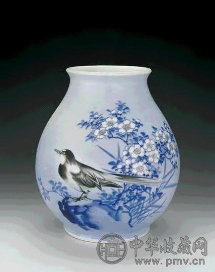 日本 竹皇造青花加彩花鸟纹尊