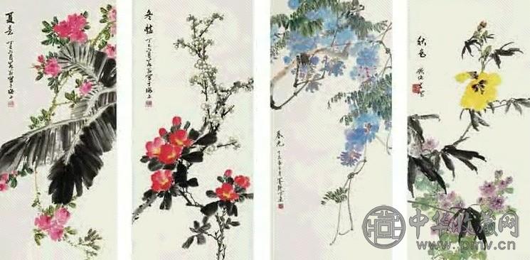 顾纯学 花卉 四屏