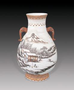 近代 墨彩雪景象耳尊