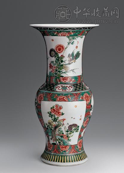 清 五彩开光花鸟凤尾尊