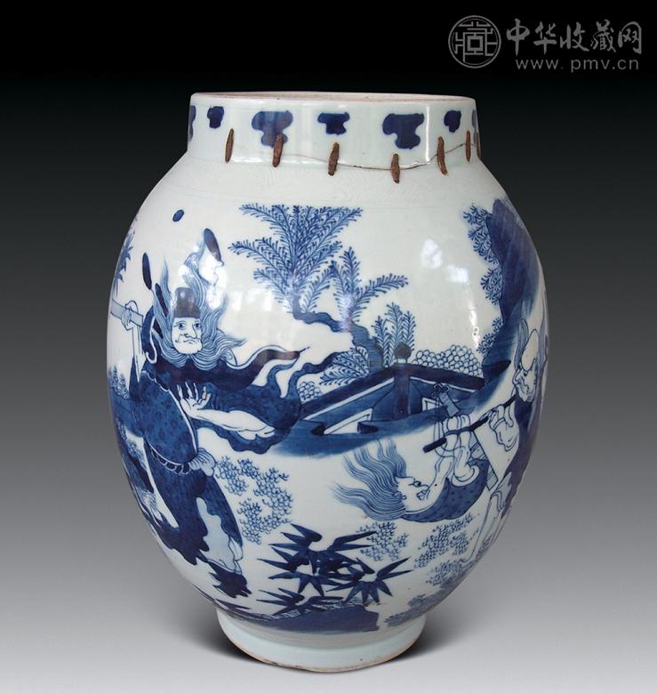 明崇祯 青花锺馗捉鬼莲子罐