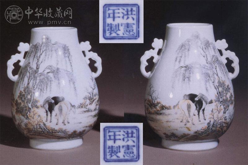 二十世纪初 墨彩《双骏》图鹿头尊(1对) 二十世纪初 墨彩《双骏》图鹿头尊(1对)