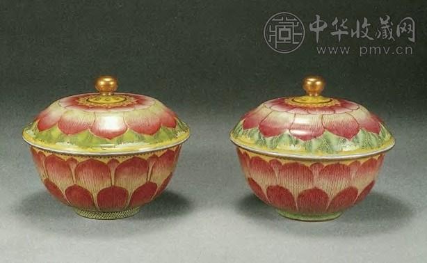 清道光 粉彩荷花盖碗(2件)