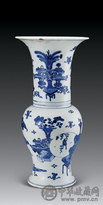 清康熙 青花博古花觚