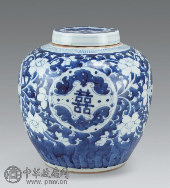清 留白青花喜字罐