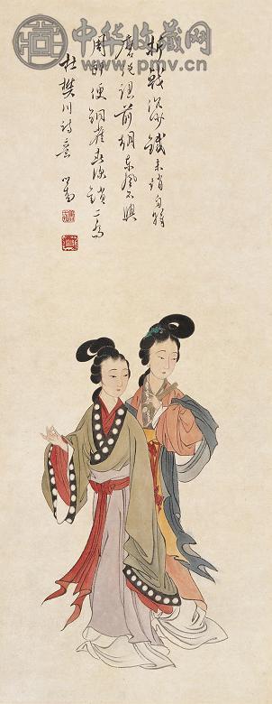 溥儒 二娇图 镜心 设色纸本