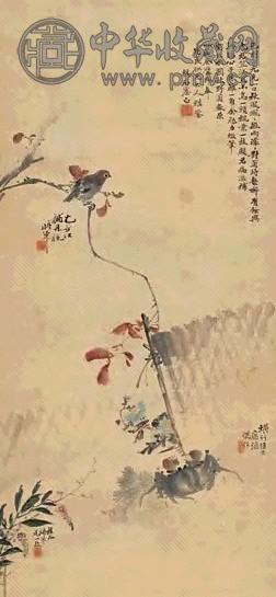 吴樵石 元笠江 顾病讴 丹枫小鸟 立轴 设色纸本