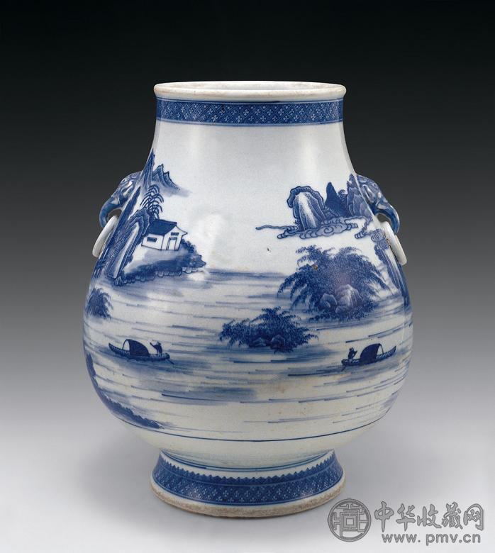 清雍正 青花山水象耳牛头尊