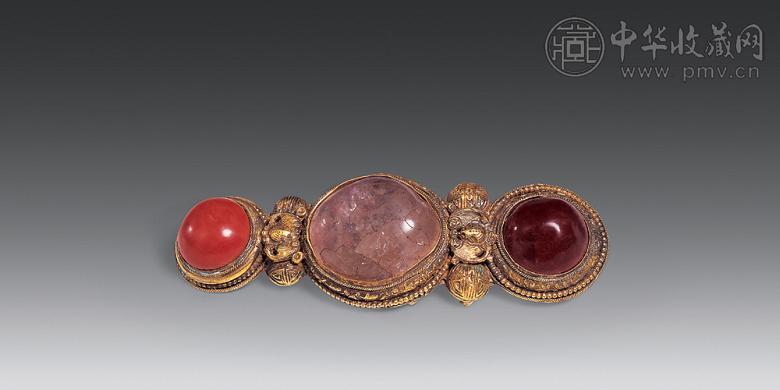 清 铜鎏金嵌宝三联带饰