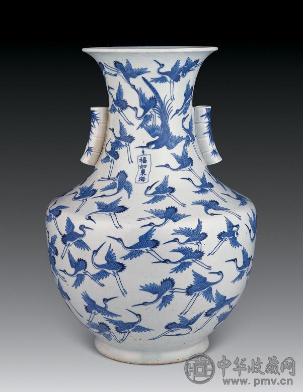 清光绪 青花百鹤图竹节耳尊