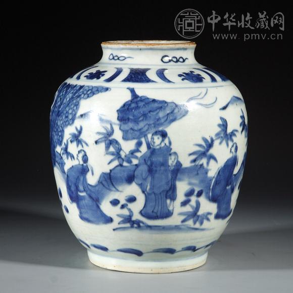 明清期 青花文人赏园图罐