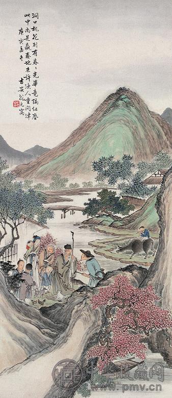 花元 1950年作 桃源问津 屏条 设色纸本