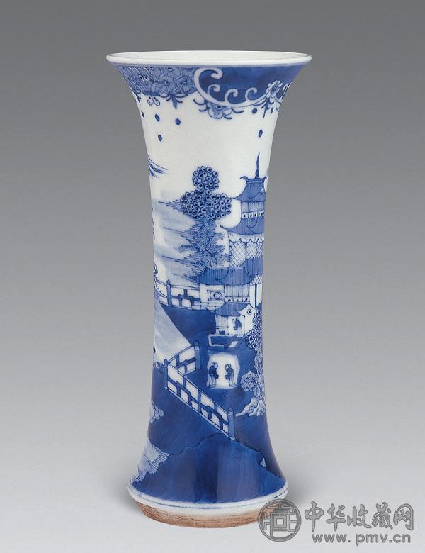 清康熙 青花山水人物觚