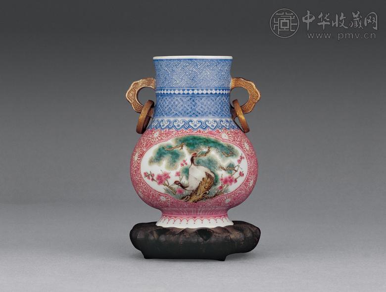 民国 料彩开光粉彩花鸟图双耳尊