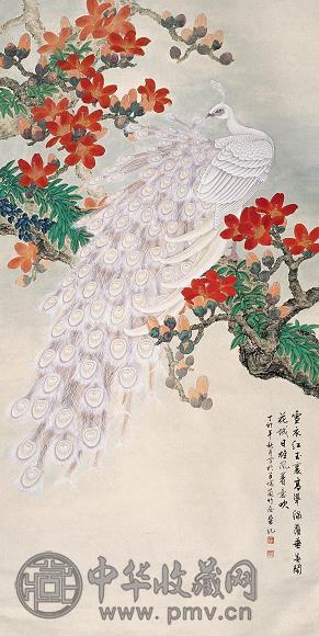 梁纪 1987年作 孔雀 立轴 设色纸本