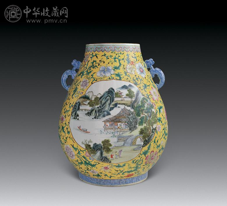 清光绪 黄地粉彩开光山水人物纹双耳尊