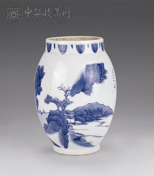 清 青花山水人物纹莲子罐