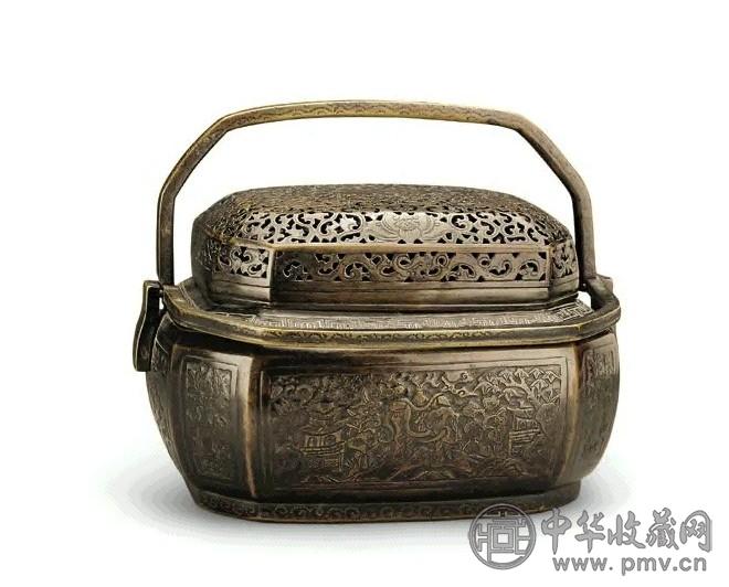 明 铜錾花山水人物纹手炉