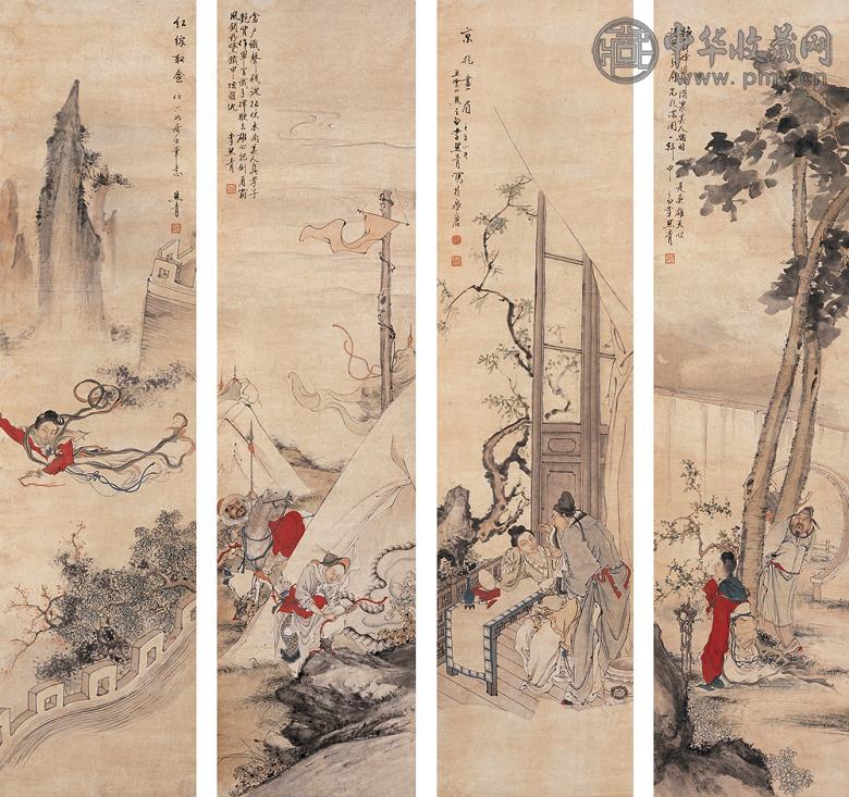 李然青 壬午(1942年)作 人物故事 四屏 设色纸本