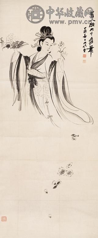 张大千 丁亥(1947年)作 天女散花图 立轴 水墨纸本