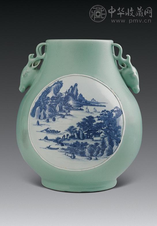 民国 豆青釉开光青花山水人物纹鹿头尊