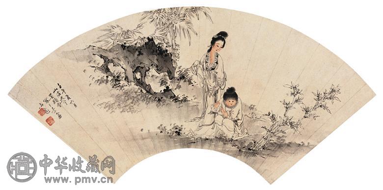 吴光宇 1942年作 仕女童戏 扇面 设色纸本