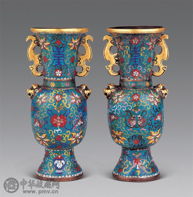 清铜胎掐丝珐琅兽头双耳瓶(1对)