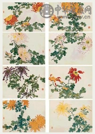 吴树本 菊花 八屏 设色绢本
