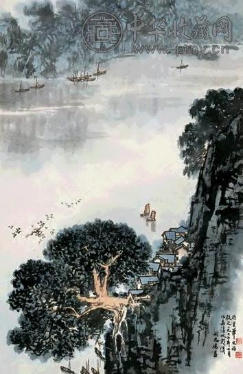 宋文治 1977年作 嘉陵帆影 立轴 设色纸本