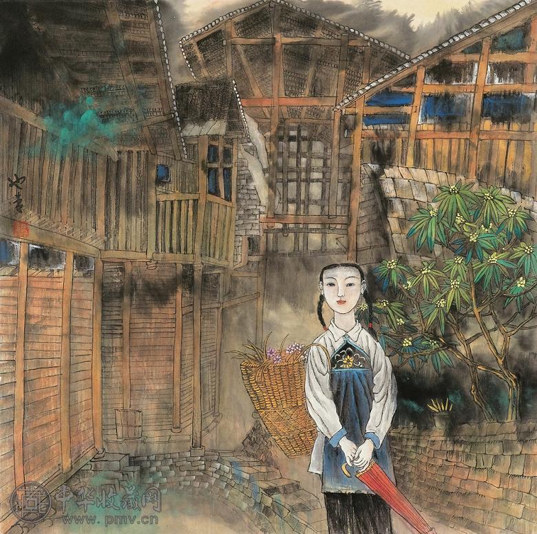 李也青 女孩 立轴 设色纸本