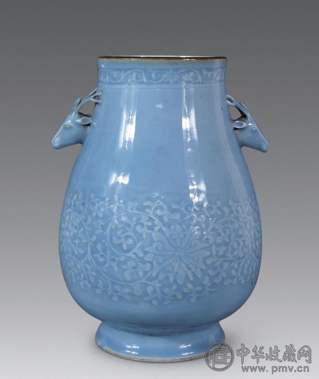 清光绪 天蓝釉缠枝花鹿头尊