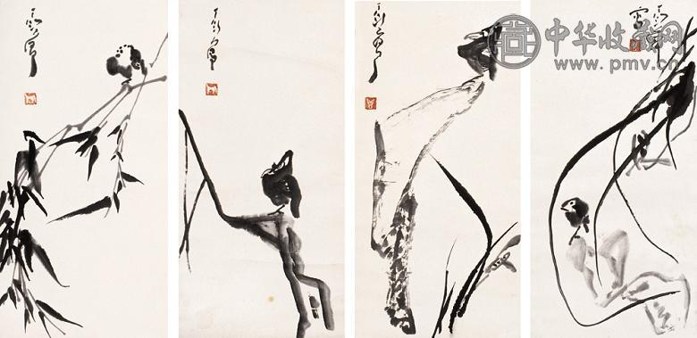 丁衍庸 兰竹翠鸟 四屏 水墨纸本