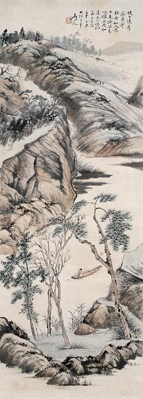 张大千 1932年作 泛舟访友 立轴 设色纸本 张大千 1932年作 泛舟访友 立轴 设色纸本