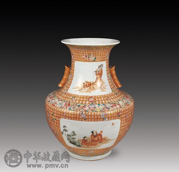 清 金地粉彩矾红开光人物李白醉酒纹竹节耳大尊