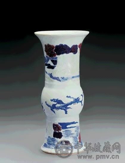 清 釉下三彩山水纹图花觚