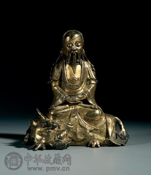 元末明初 铜鎏金乘麒麟神人坐像