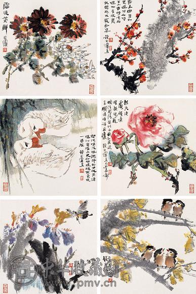 钱行健 花鸟(6件) 立轴 设色纸本