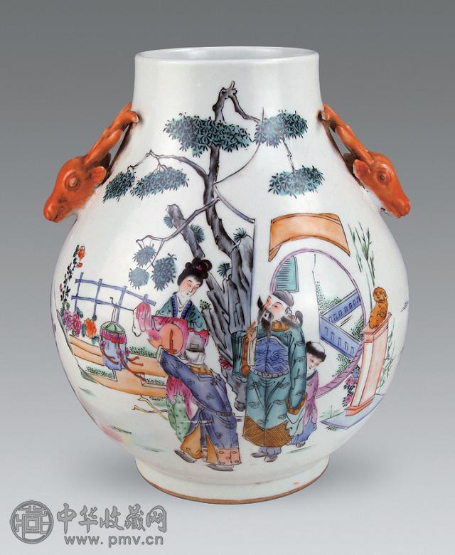 清 粉彩人物纹鹿头尊