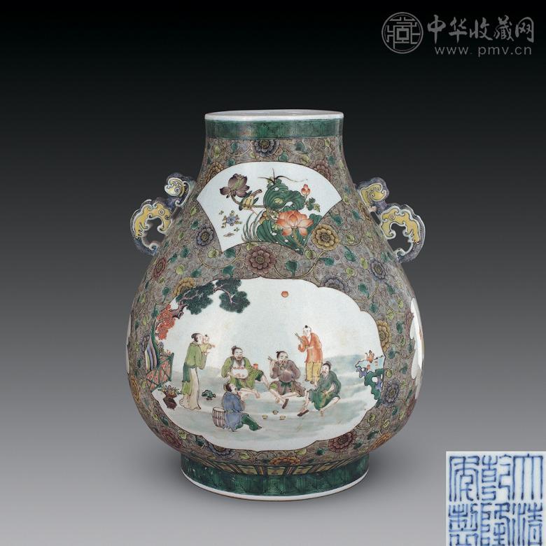 清光绪 粉彩六开光人物双耳尊