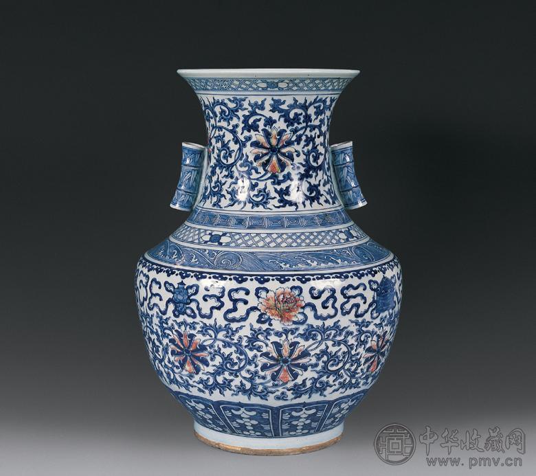 清光绪 青花釉里红缠枝莲纹竹节耳尊