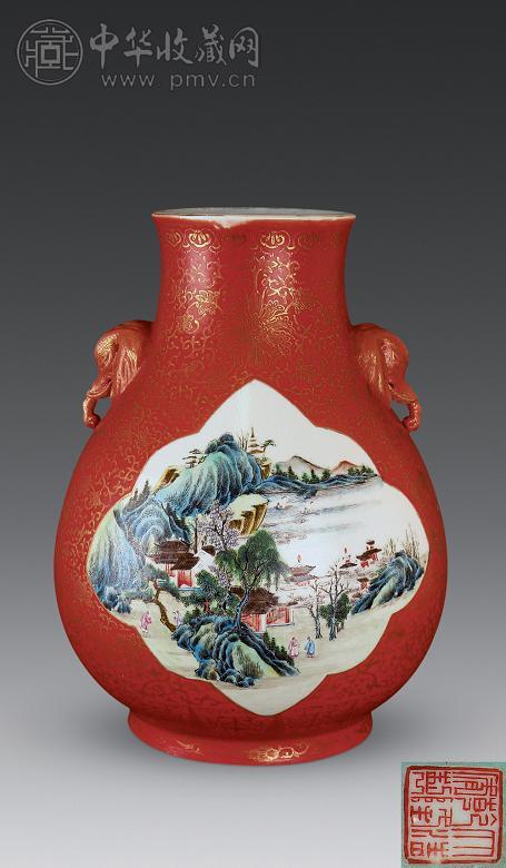 民国 矾红描金开光粉彩山水纹象耳尊