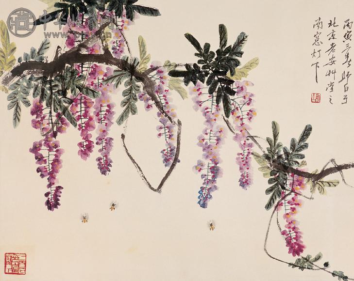 娄师白 1986年作 紫藤花卉 设色纸本