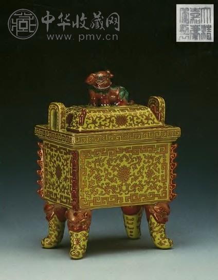 嘉庆 绿地粉彩描金狮纽盖香炉