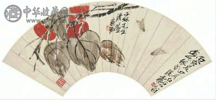 齐白石 1926年作 柿叶双虫 扇面 设色纸本